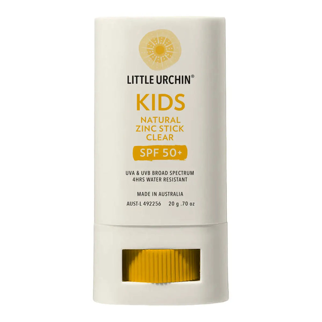 A white stick container of Little Urchin Kids Natural Zinc Stick Clear SPF 50+ sunscreen, featuring a gold logo and text.