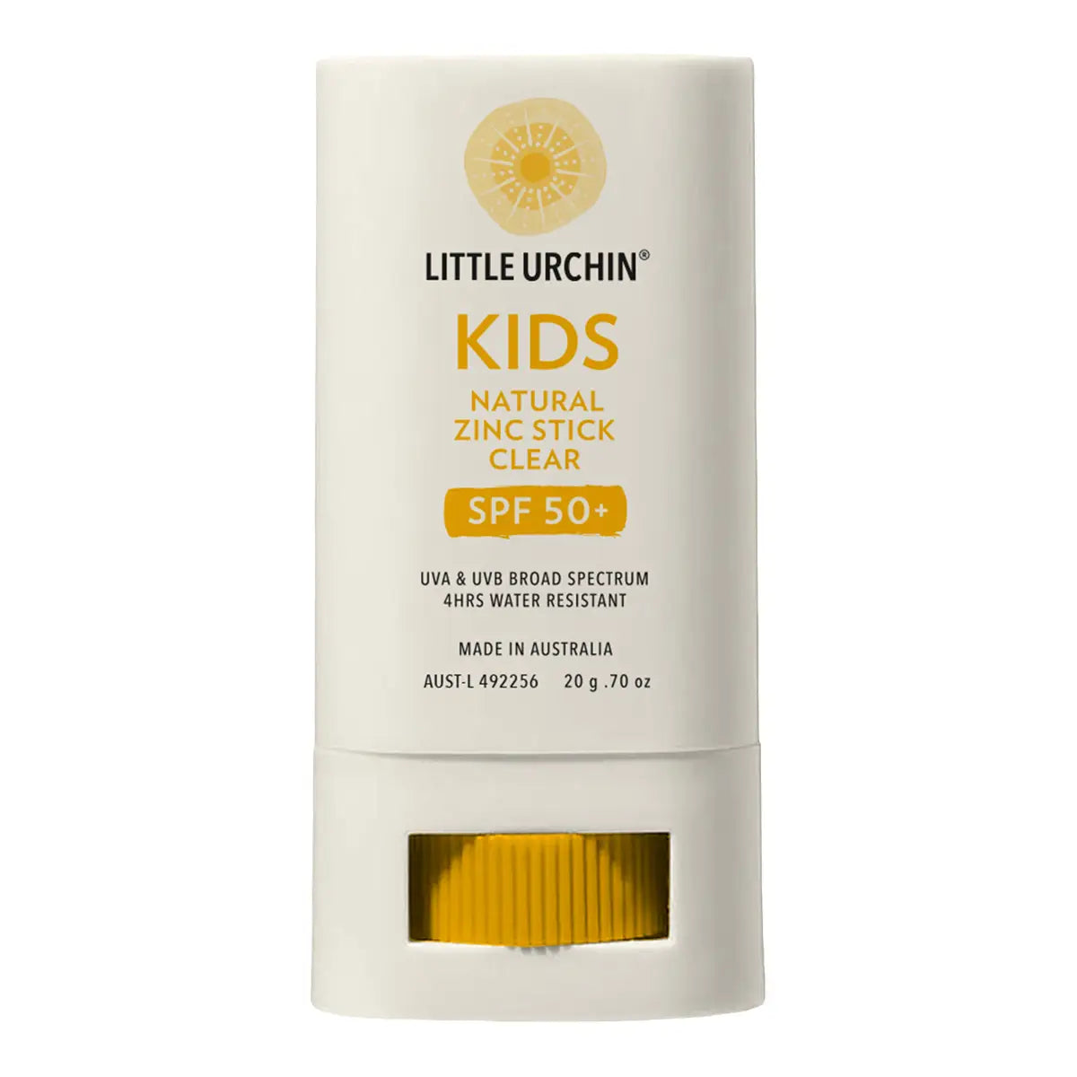 A white stick container of Little Urchin Kids Natural Zinc Stick Clear SPF 50+ sunscreen, featuring a gold logo and text.