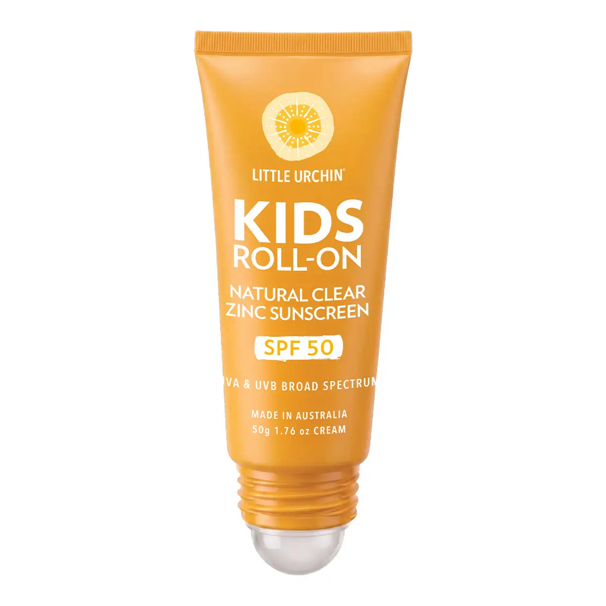A tube of Little Urchin Kids Roll-On Natural Clear Zinc Sunscreen SPF 50, in a bright orange-yellow color with white text and a clear gel cap, shown on a plain white background.