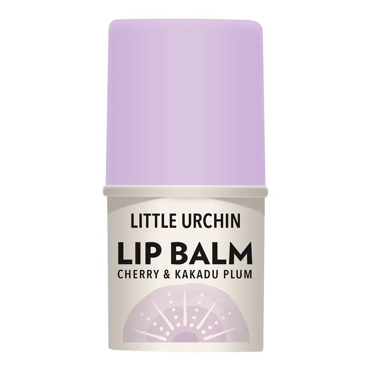 A lip balm tube by Little Urchin, featuring a light lavender purple cap and a white label with black text.