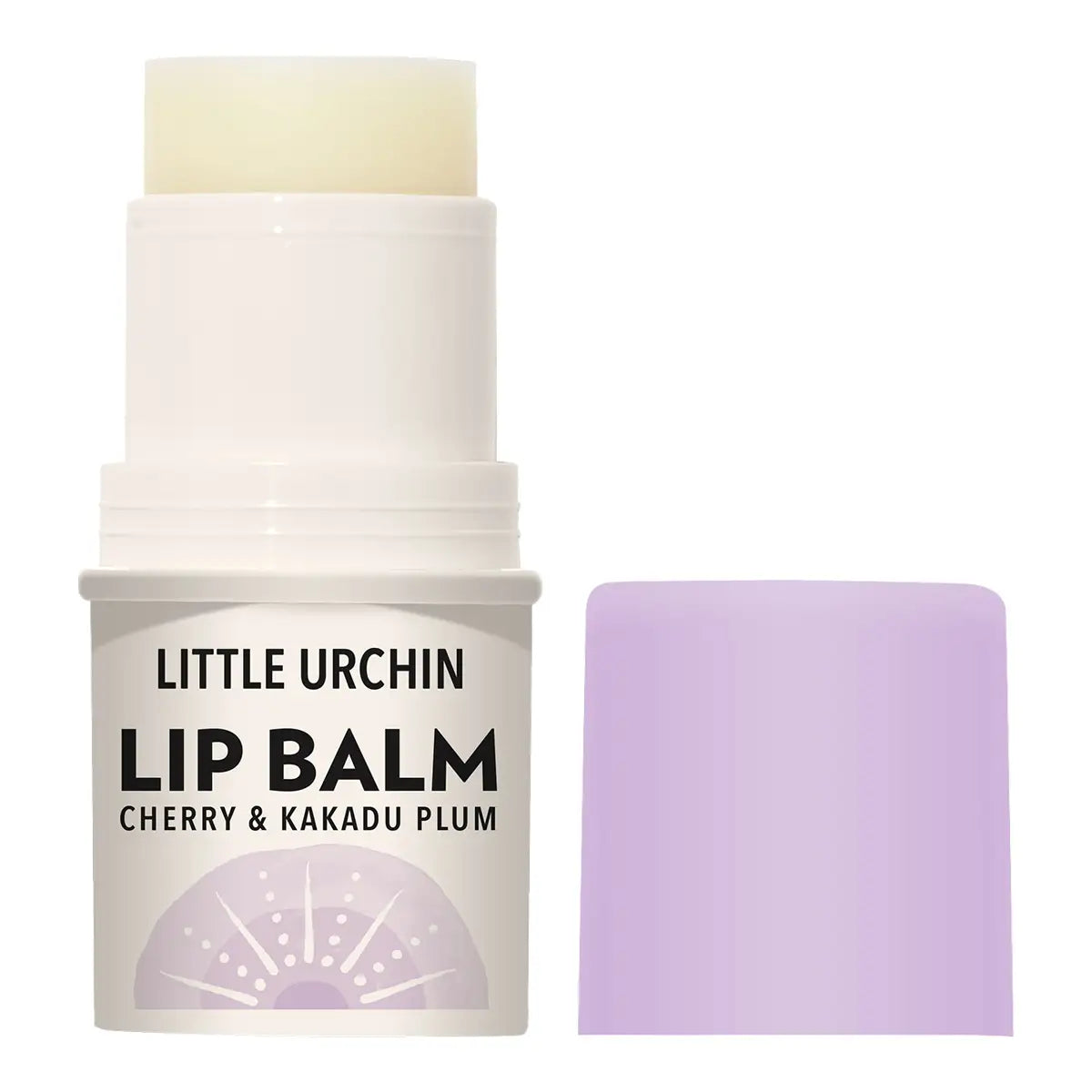 A stick of Little Urchin Lip Balm with its cap removed, showing the pale yellow balm stick and a lavender purple cap placed beside it on a white background.