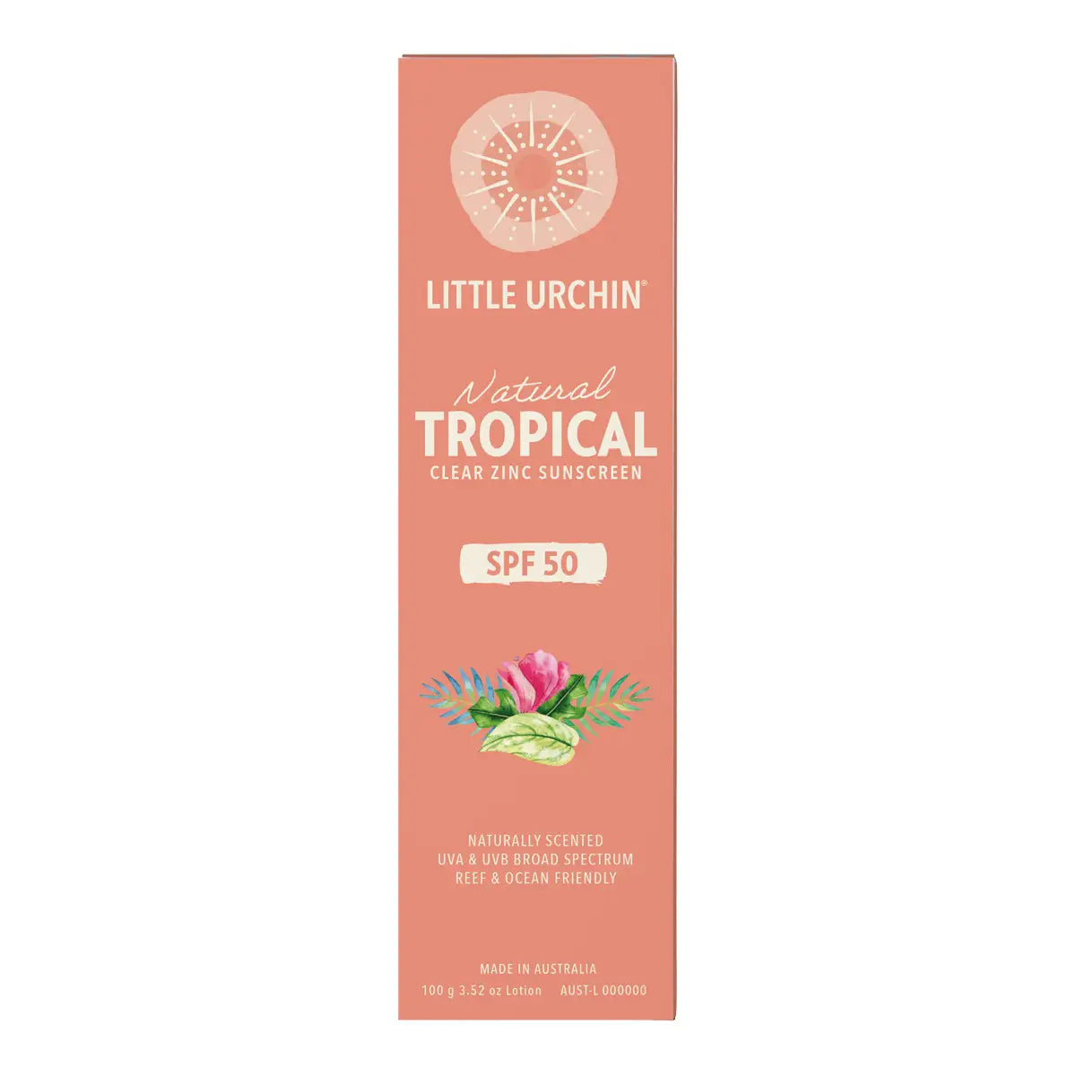 A rectangular box of Little Urchin Natural Tropical Clear Zinc Sunscreen SPF 50, in a dusty peach color with white text and a small watercolor illustration of pink flowers and green leaves near the bottom.