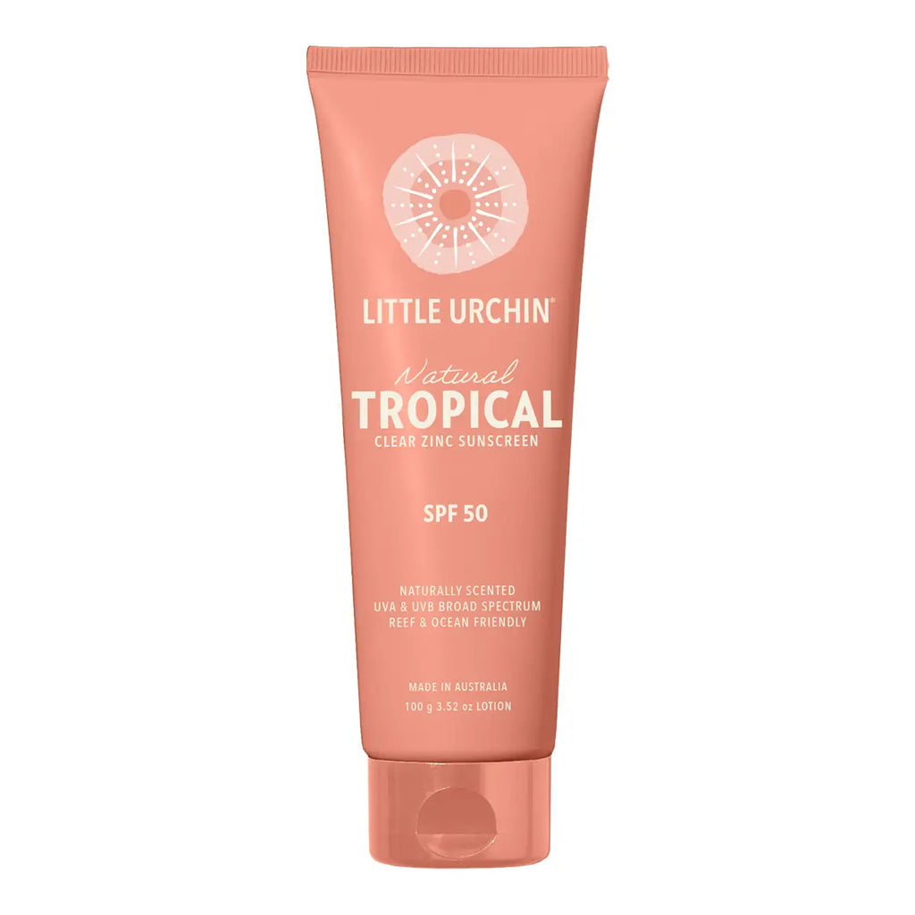 A tube of Little Urchin Natural Tropical Clear Zinc Sunscreen SPF 50, in a peach-colored packaging with white text and a white circular sun logo.