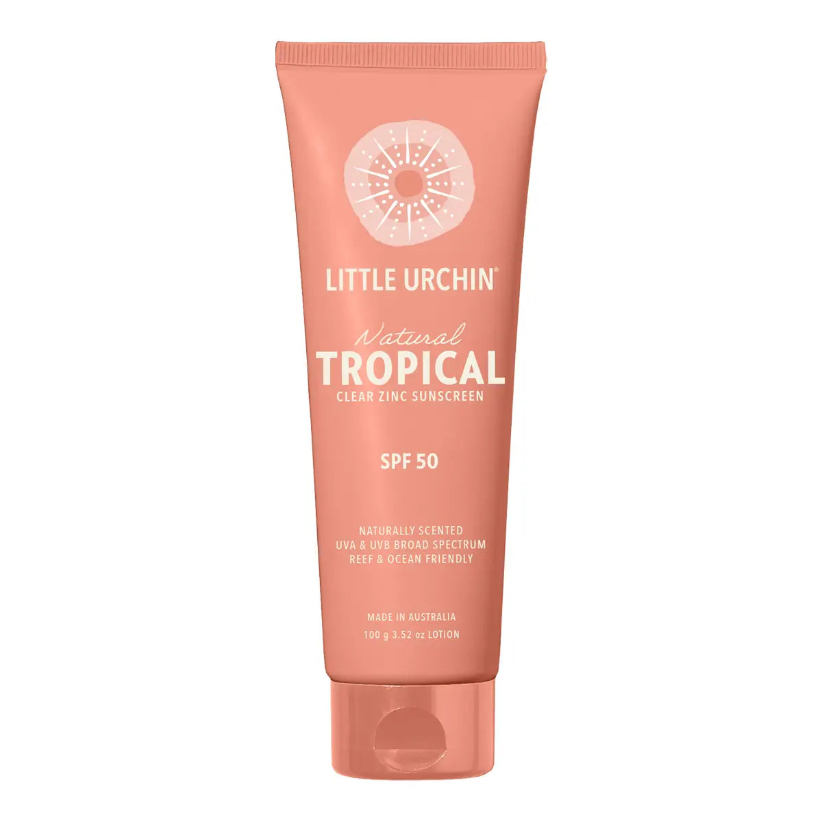 A tube of Little Urchin Natural Tropical Clear Zinc Sunscreen SPF 50, in a peach-colored packaging with white text and a white circular sun logo.