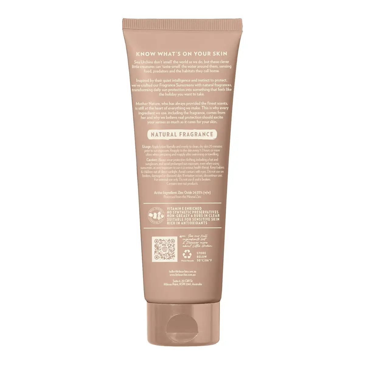 The back of a beige squeeze tube for sunscreen, showing detailed text, a QR code, and a flip-top cap on a solid white background.