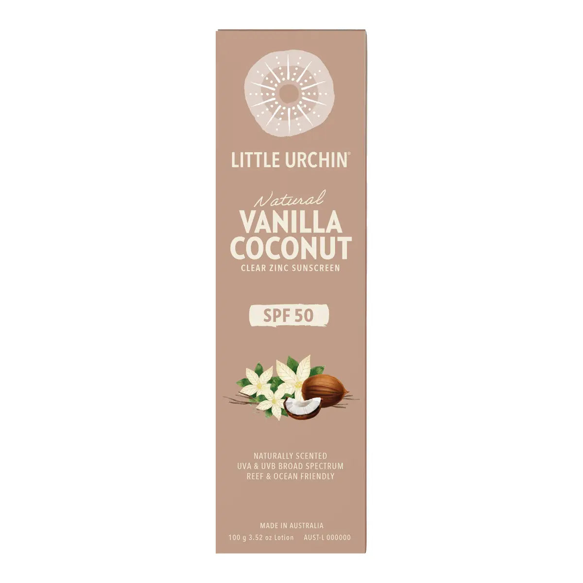 A tall rectangular sunscreen box for Little Urchin Natural Vanilla Coconut Clear Zinc Sunscreen SPF 50. The box is a warm tan/beige color with white text and illustrations of vanilla flowers and a coconut near the bottom.
