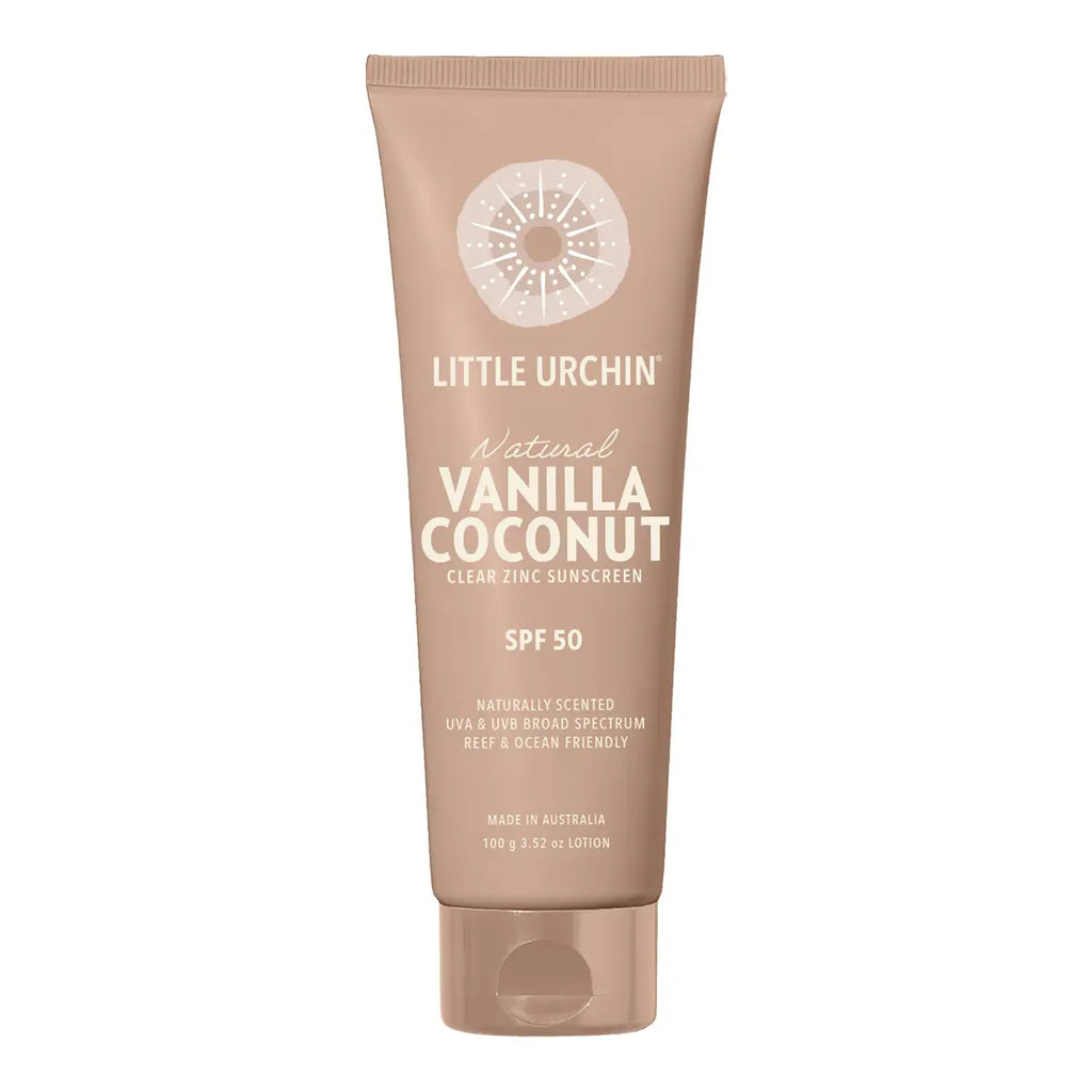 A tube of Little Urchin Vanilla Coconut Clear Zinc Sunscreen SPF 50, in a warm tan shade with white text and a white circular sun logo, set against a plain white background.