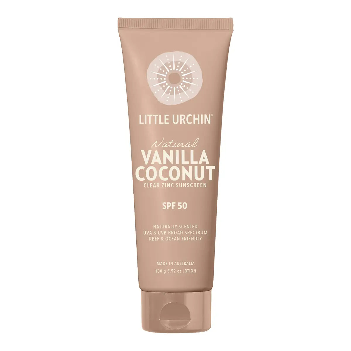 A tube of Little Urchin Vanilla Coconut Clear Zinc Sunscreen SPF 50, in a warm tan shade with white text and a white circular sun logo, set against a plain white background.
