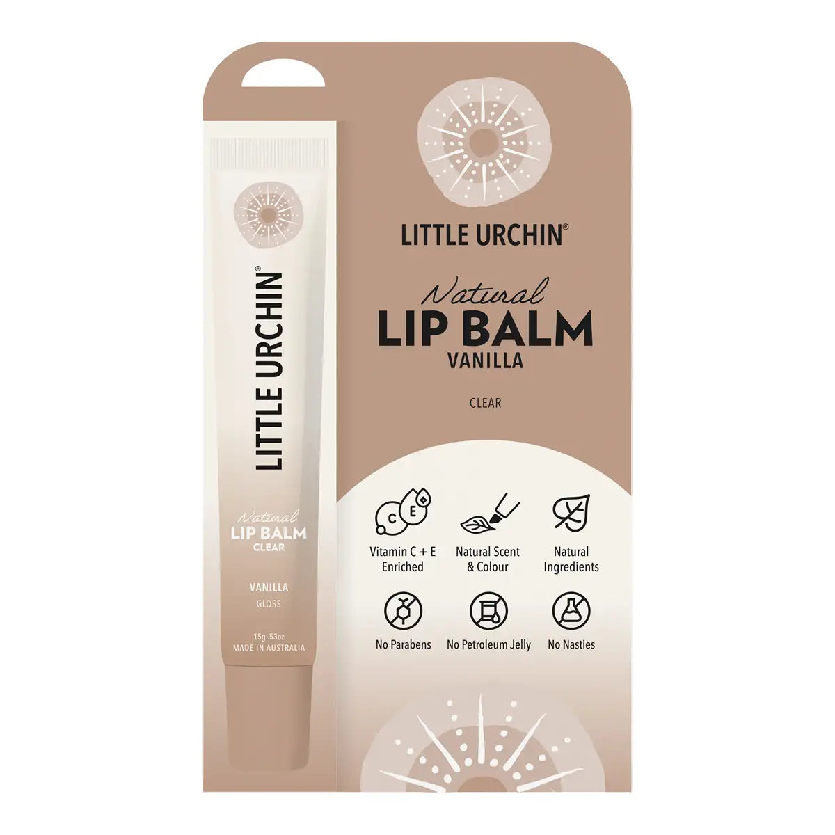 Little Urchin Natural Lip Balm Vanilla Clear in its retail packaging, featuring a beige and white design with product details and icons.