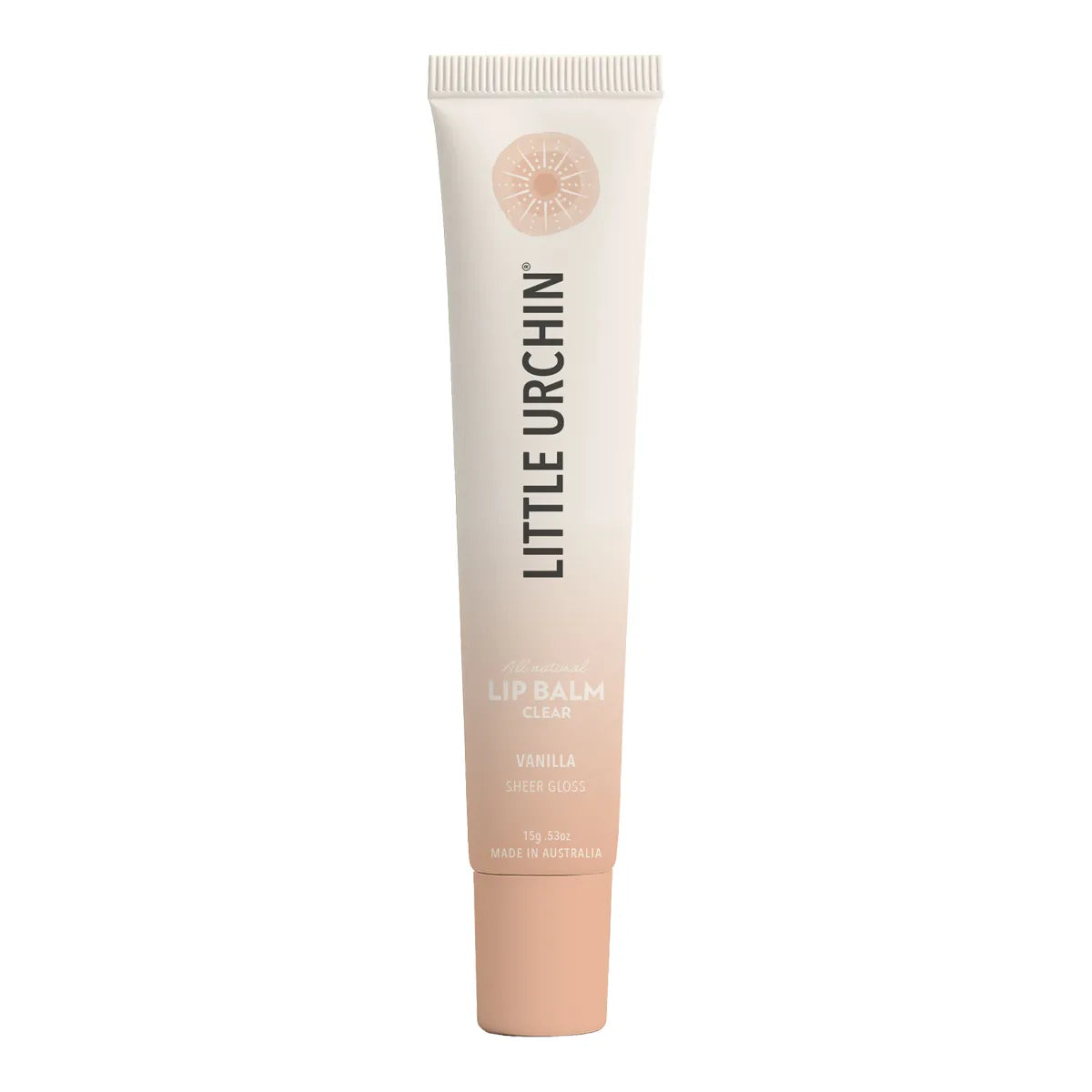 A tube of Little Urchin Clear lip balm in Vanilla, featuring a soft cream-to-rose-pink gradient with a peach-colored cap, shown on a solid white background.