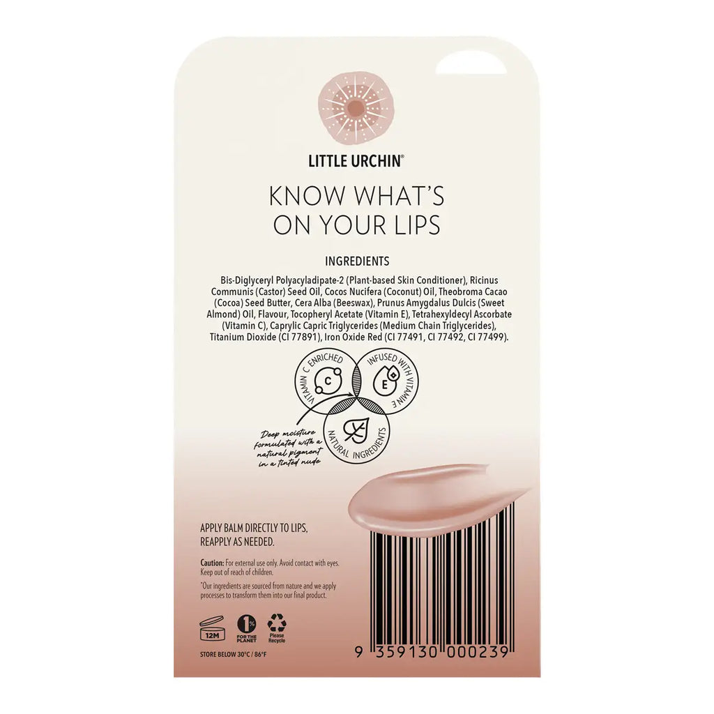The back of a Little Urchin lip balm packaging card, showing product ingredients, icons, and a barcode on a white background.