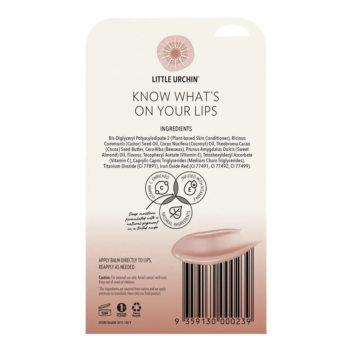 The back of a Little Urchin lip balm packaging card, showing product ingredients, icons, and a barcode on a white background.