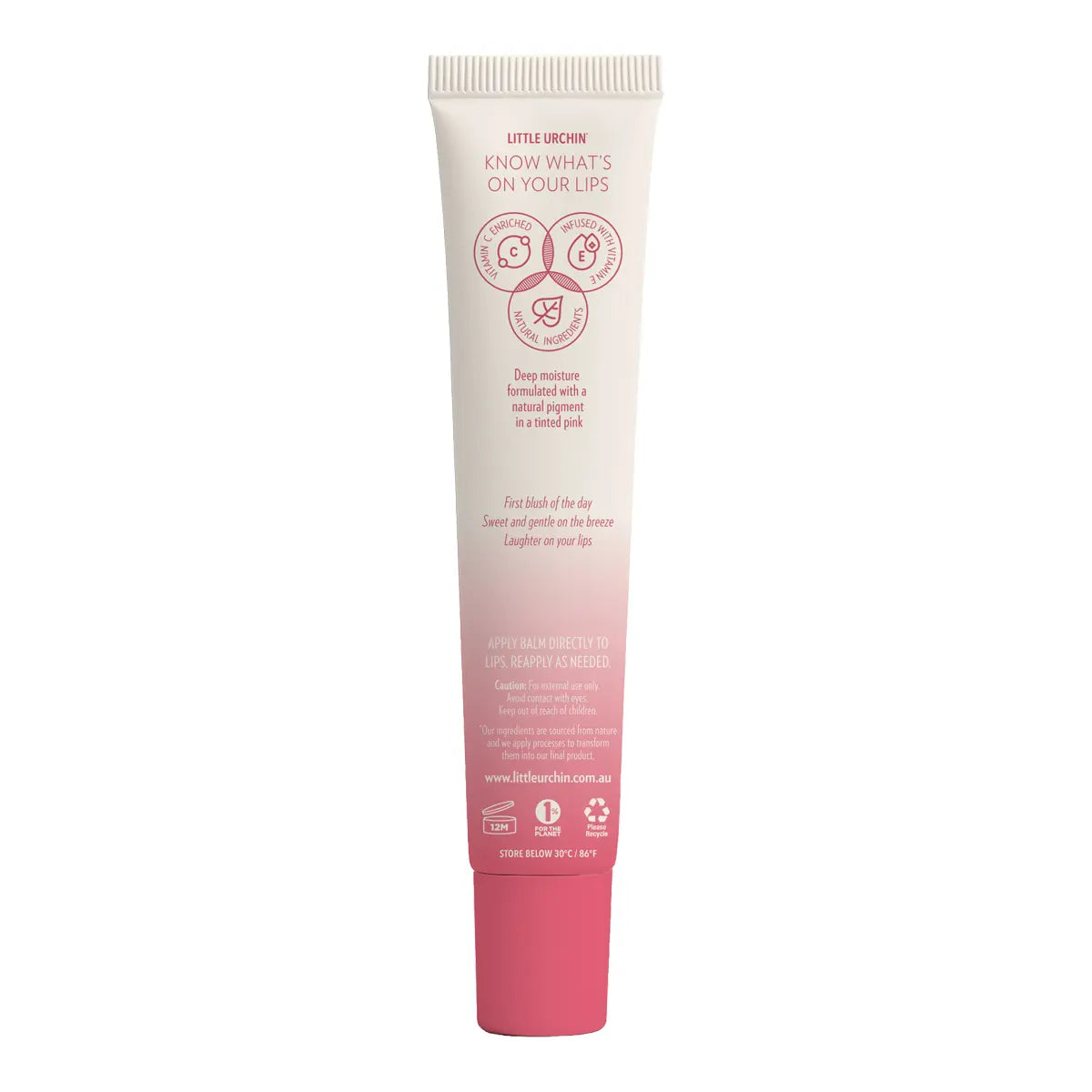 Back of tube of strawberry lip balm, featuring a pink gradient at the bottom, with pink text and icons.