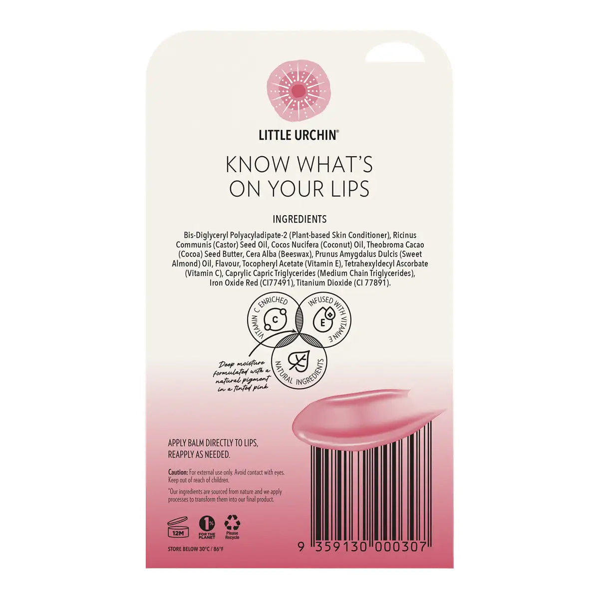 The back of a Little Urchin lip balm tube or packaging card, showing product ingredients, icons, and a pink balm stick illustration above a barcode on a white-to-pink gradient background.
