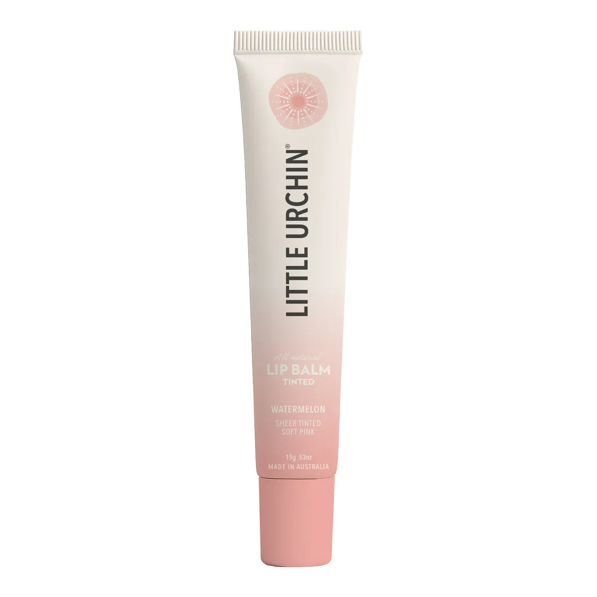 A tube of Little Urchin Lip Balm in the Watermelon shade, featuring a white-to-pale-pink gradient tube with a solid pink cap, set against a plain white background.