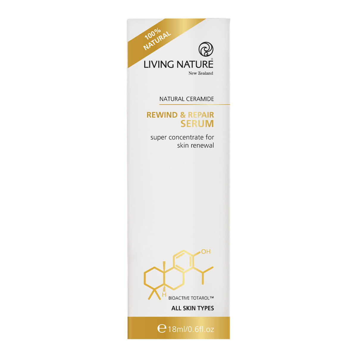 Living Nature Rewind & Repair Serum packaging on a white background.