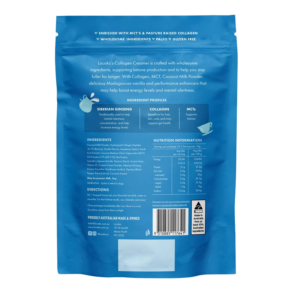 Back of Locako Performance Collagen Creamer Madagascan Vanilla in a blue resealable pouch. Ingredients, nutrition information & directions are shown.