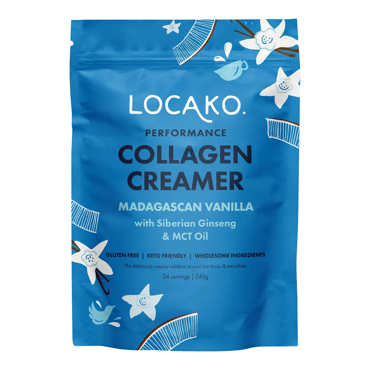 Locako Performance Collagen Creamer Madagascan Vanilla with Siberian Ginseng & MCT Oil. Gluten free, keto friendly, wholesome ingredients.