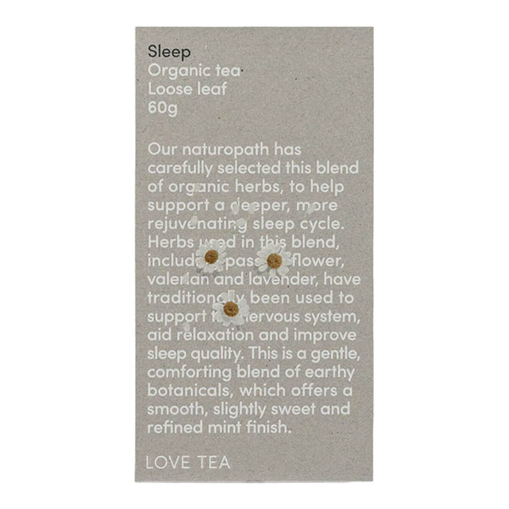 Love Tea packaging for organic sleep tea blend on a grey background