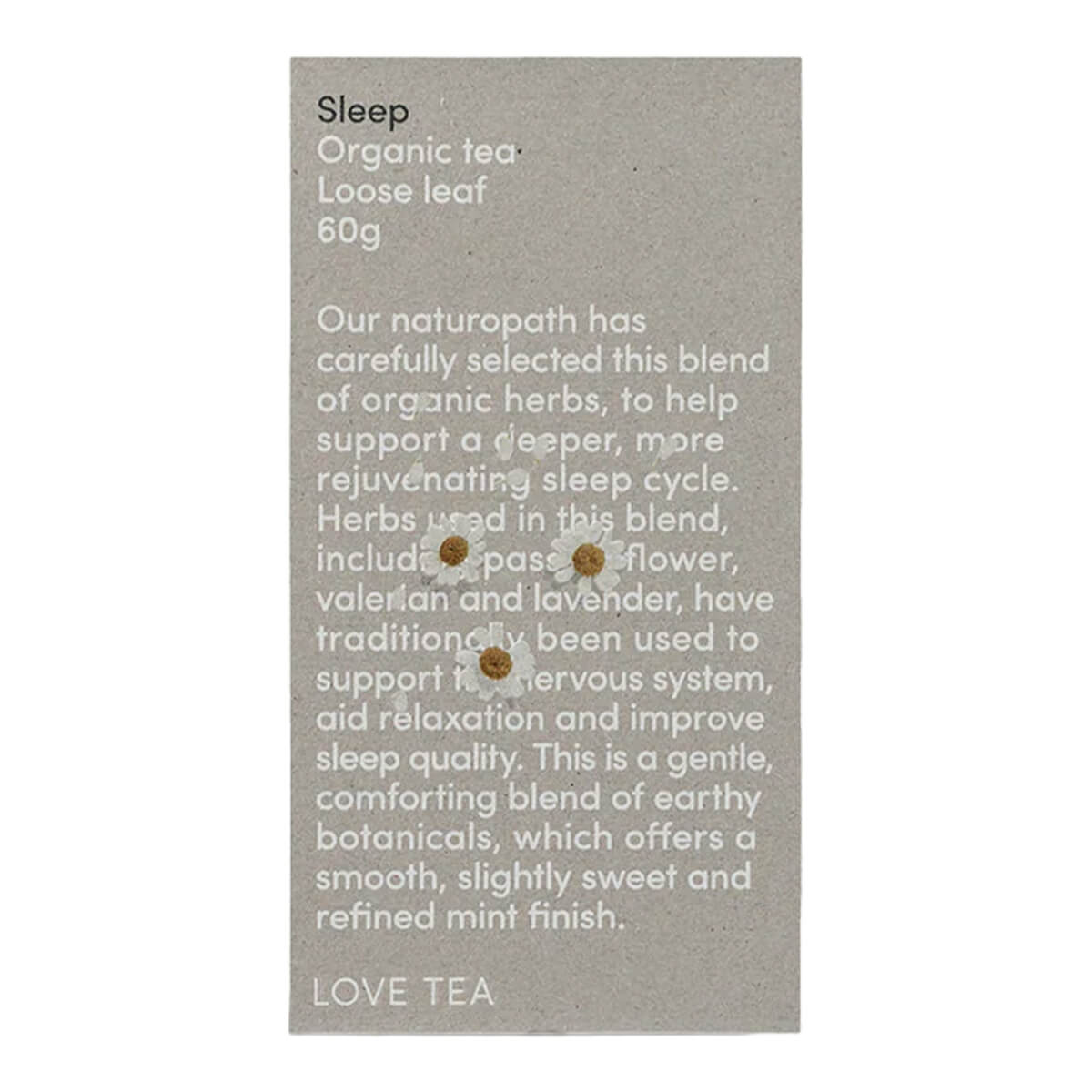 Love Tea packaging for organic sleep tea blend on a grey background