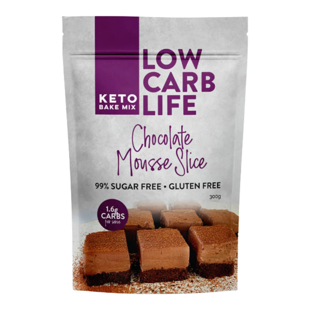 Package of Low Carb Life Keto Bake Mix for Chocolate Mousse Slice on a white background