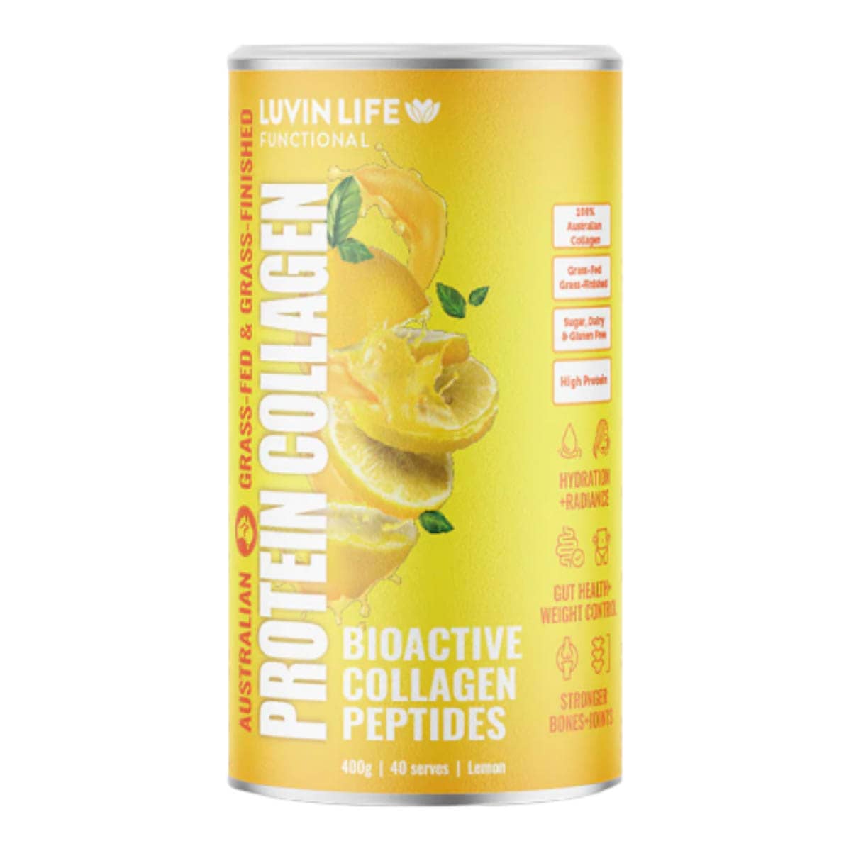 Can of Luvin Life Protein Collagen with lemon graphics on a white background.