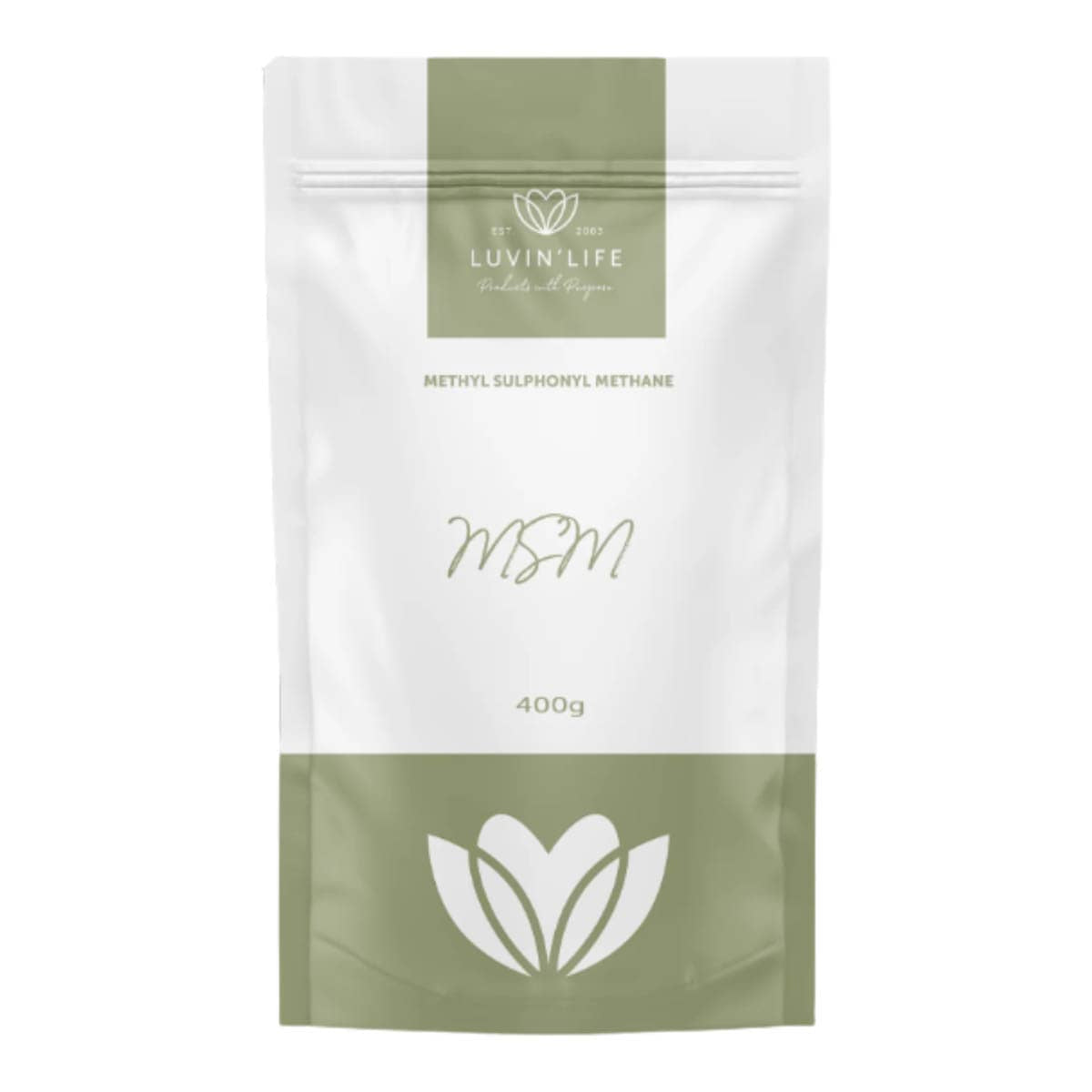 Green and white package of 'Luvin' Life' MSM supplement on a white background.
