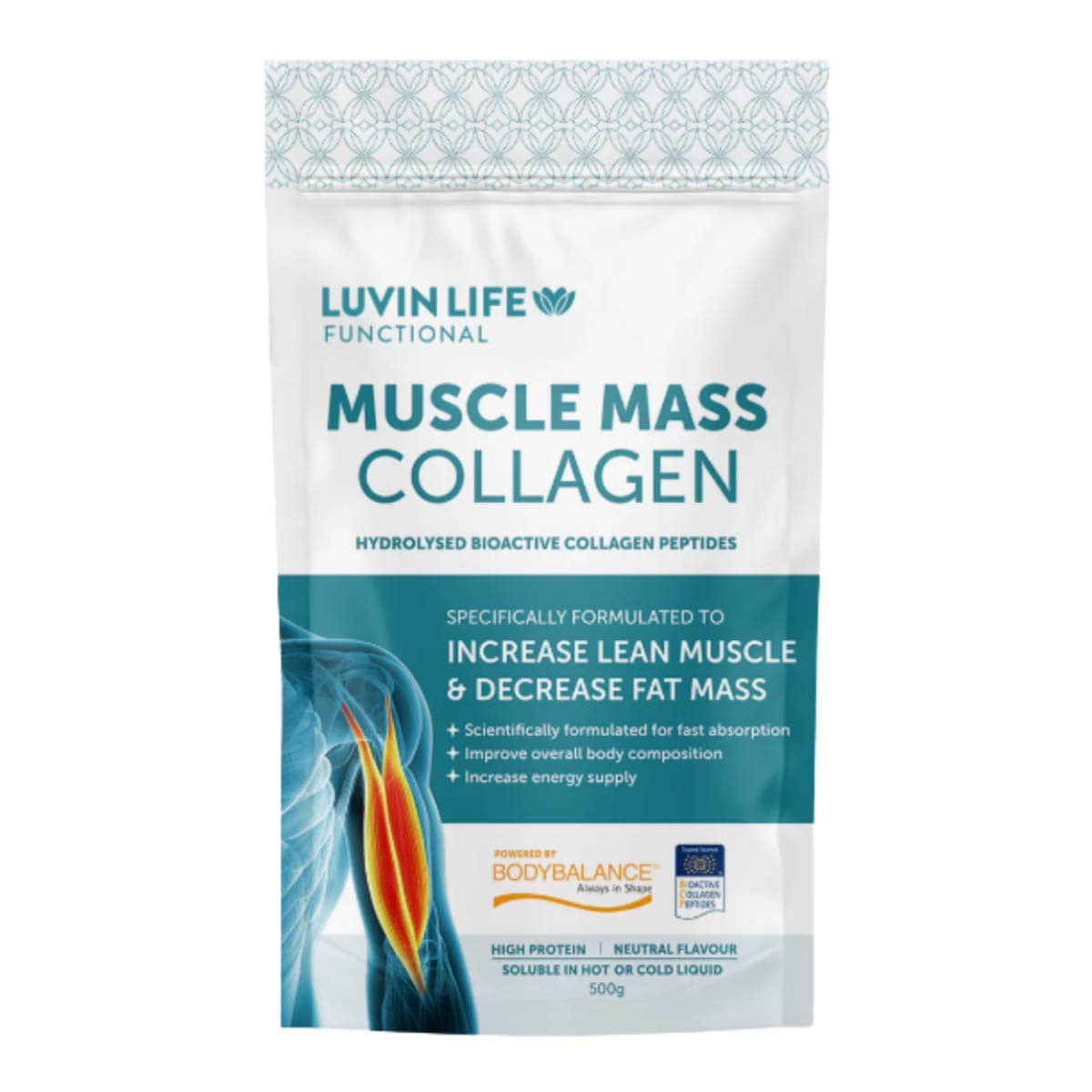Luvin Life Muscle Mass Collagen package on a white background.