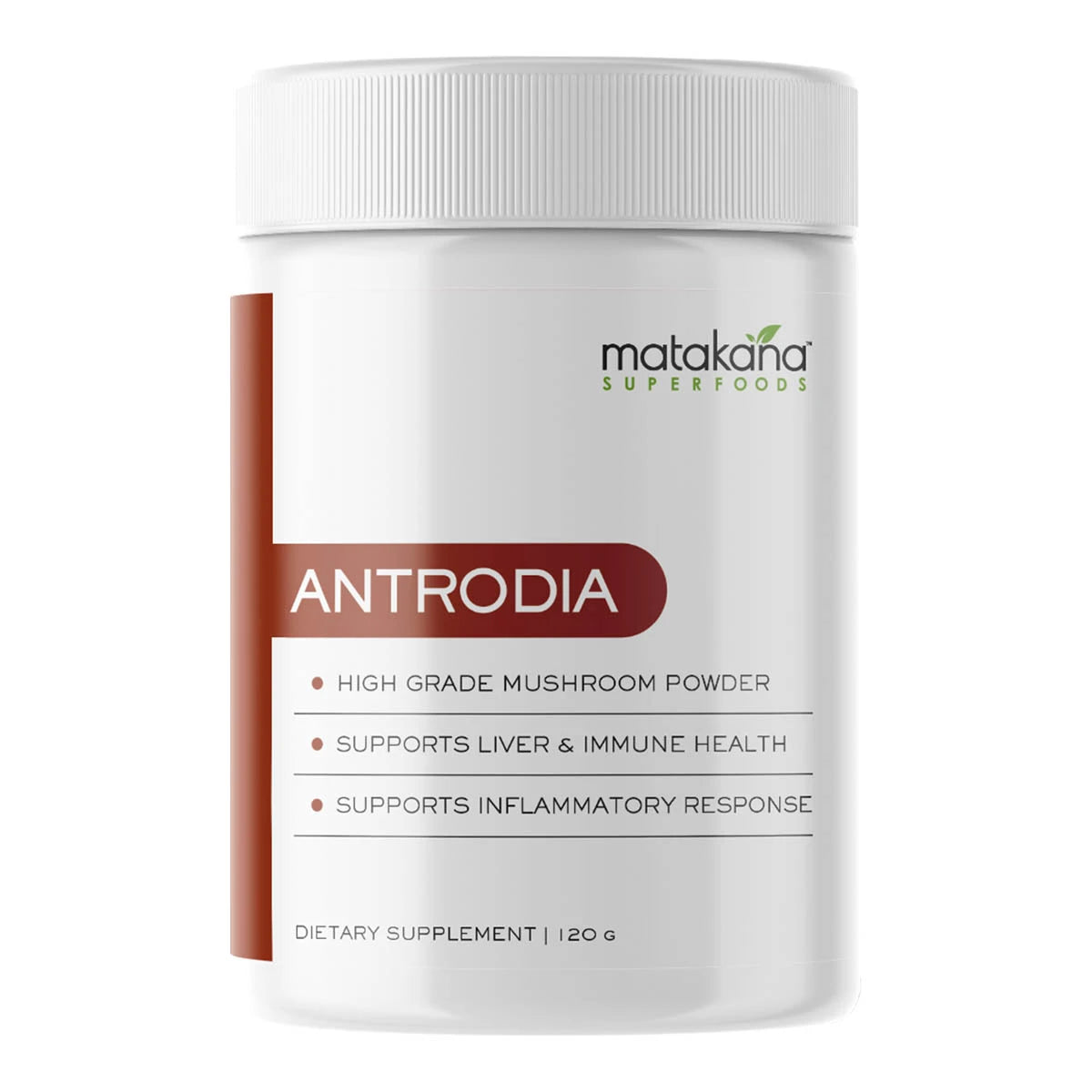 Matakana Superfoods Antrodia Mushroom powder 120g in a white container. High grade mushroom powder, supports liver & immune health, supports inflammatory response.