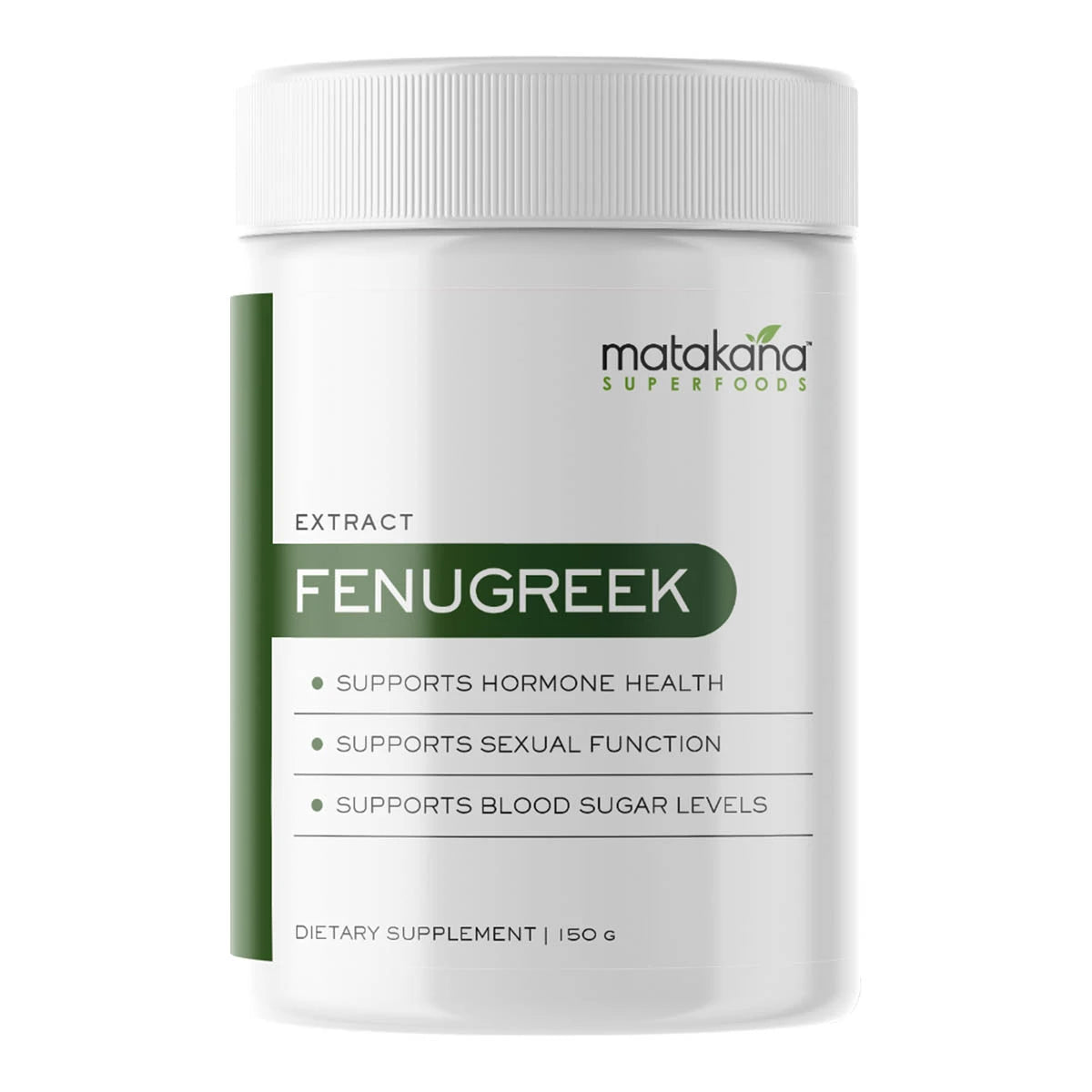 Matakana Superfoods Fenugreek extract in a white containers with green and white label. 150g powder. Supports hormone health, supports sexual health, supports blood sugar levels.
