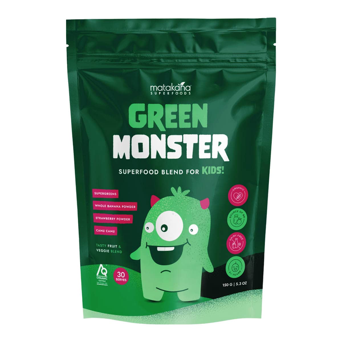 Green Monster superfood blend for kids packaging on a white background.