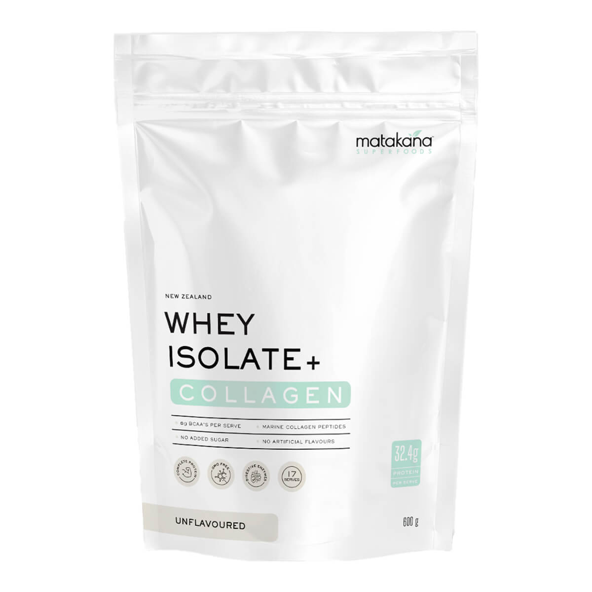 Package of whey isolate and collagen powder with Matakana branding on a white background