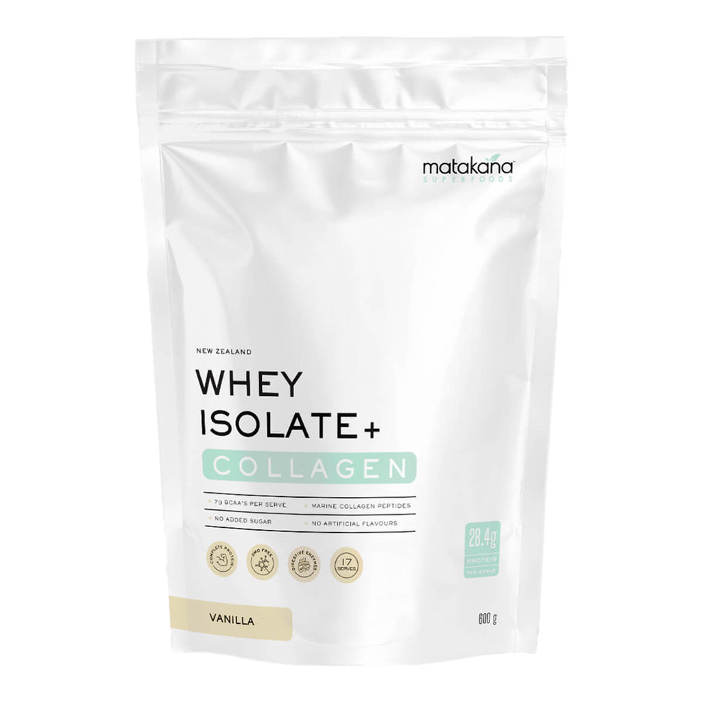 Package of whey isolate and collagen powder with Matakana branding on a white background