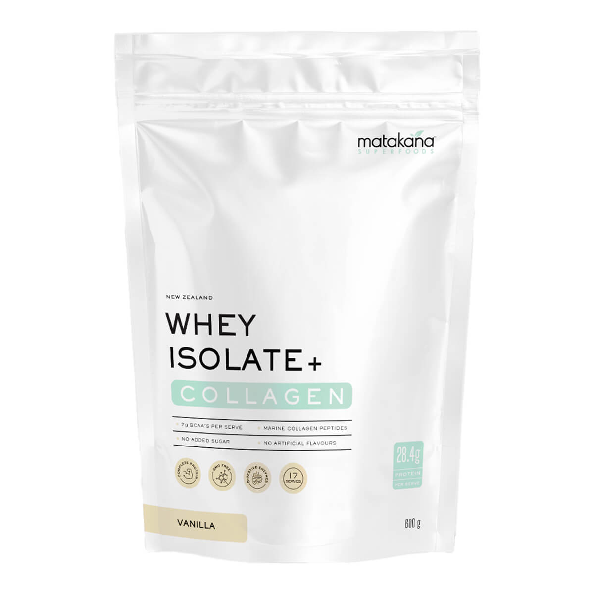 Package of whey isolate and collagen powder with Matakana branding on a white background