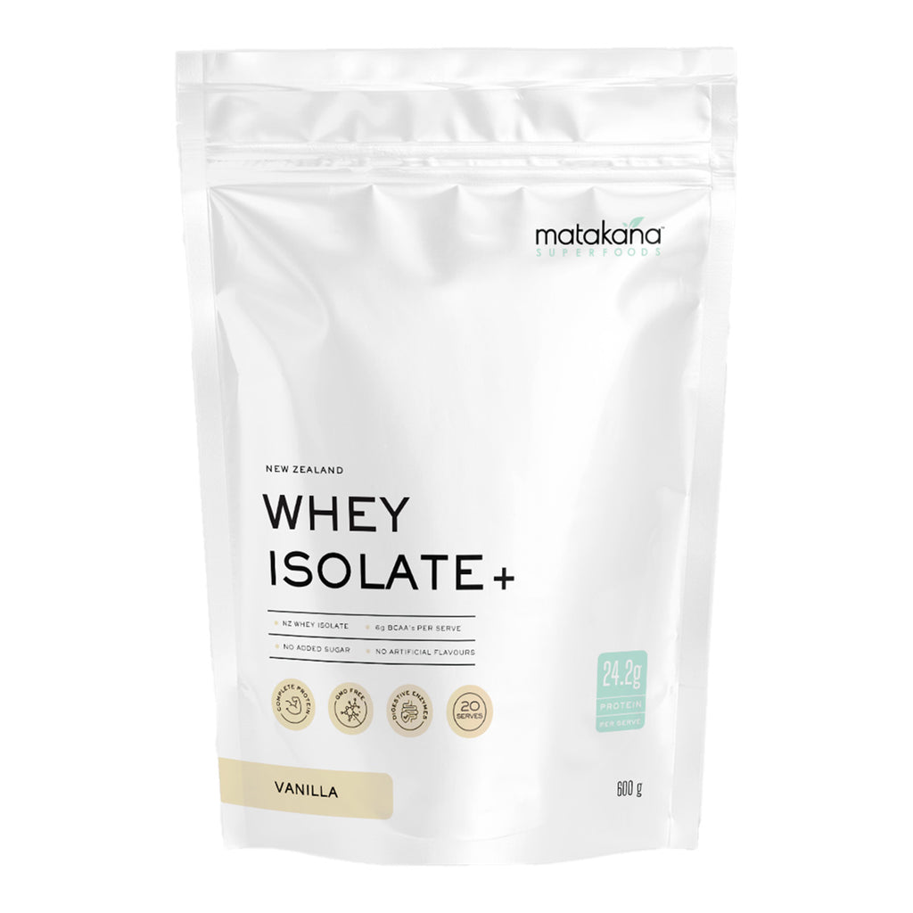 Package of Matakana Whey Isolate powder on a white background.