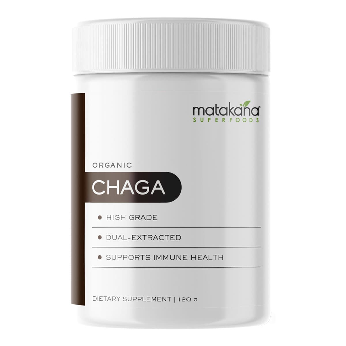 Matakana Superfoods Chaga supplement container on a white background