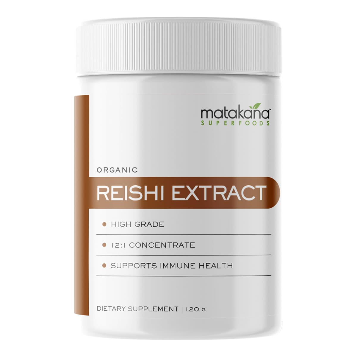Container of Matakana Superfoods Reishi Extract on a white background.
