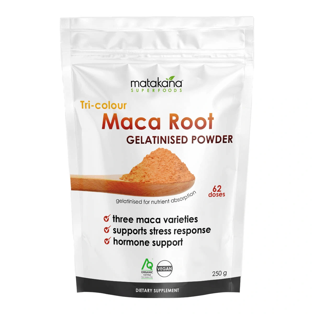 Package of matakana Superfoods Tri-colour Maca Root Gelatinised Powder on a white background