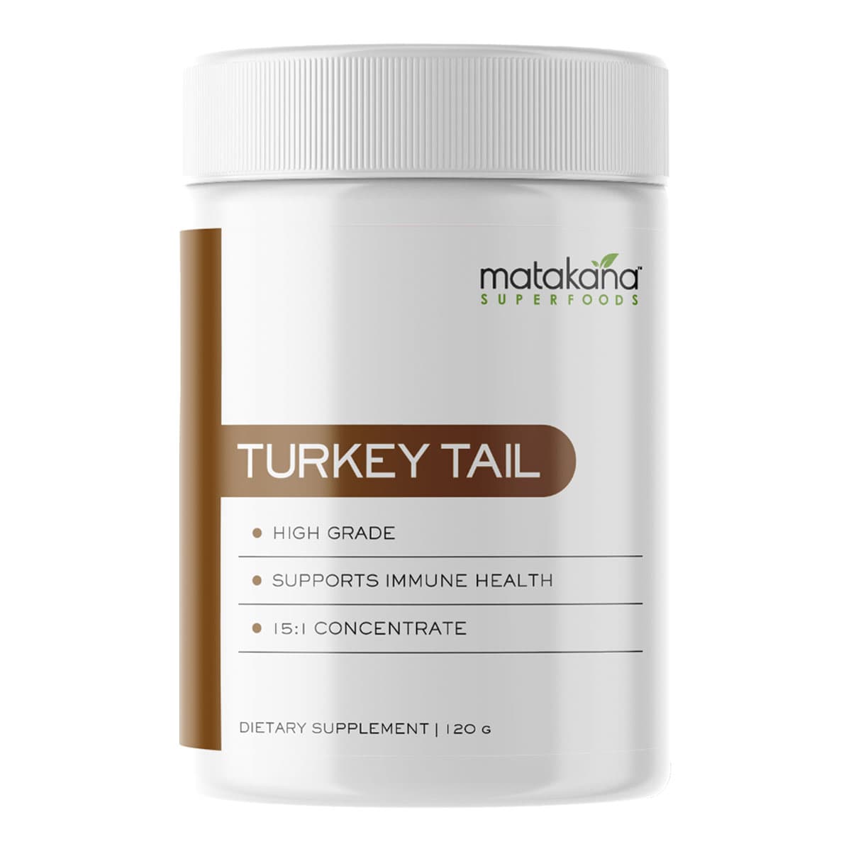 Supplement container labeled 'Turkey Tail' by Matakana Superfoods on a white background.