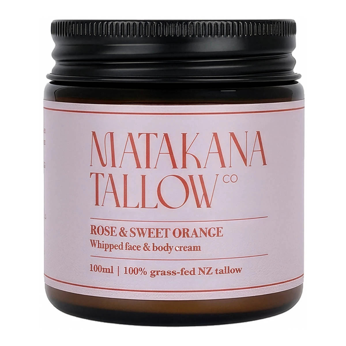 Jar of Matakana Tallow Co rose & sweet orange whipped face & body cream on a white background