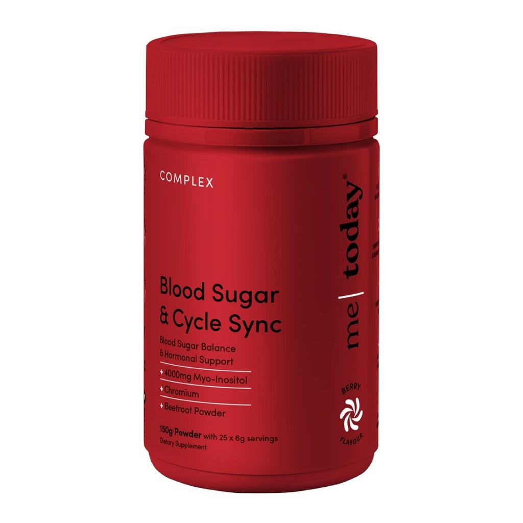 Red supplement bottle labeled 'Blood Sugar & Cycle Sync' on a white background