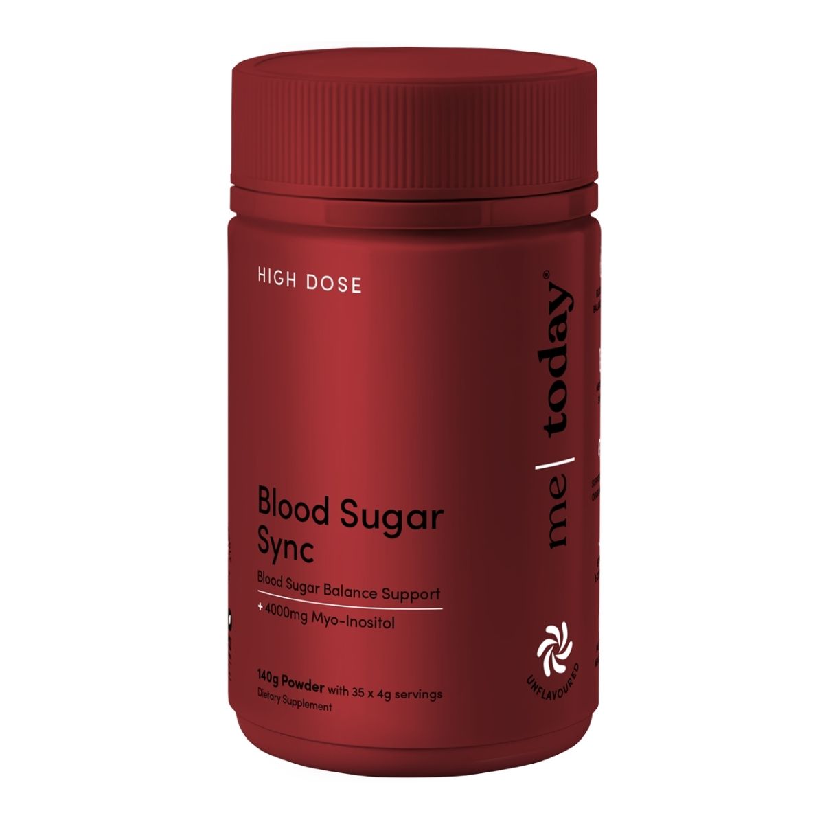 Red supplement bottle labeled 'Blood Sugar Sync' on a white background