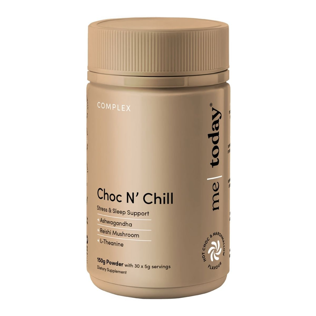 Beige supplement container labeled 'Choc N' Chill' on a white background