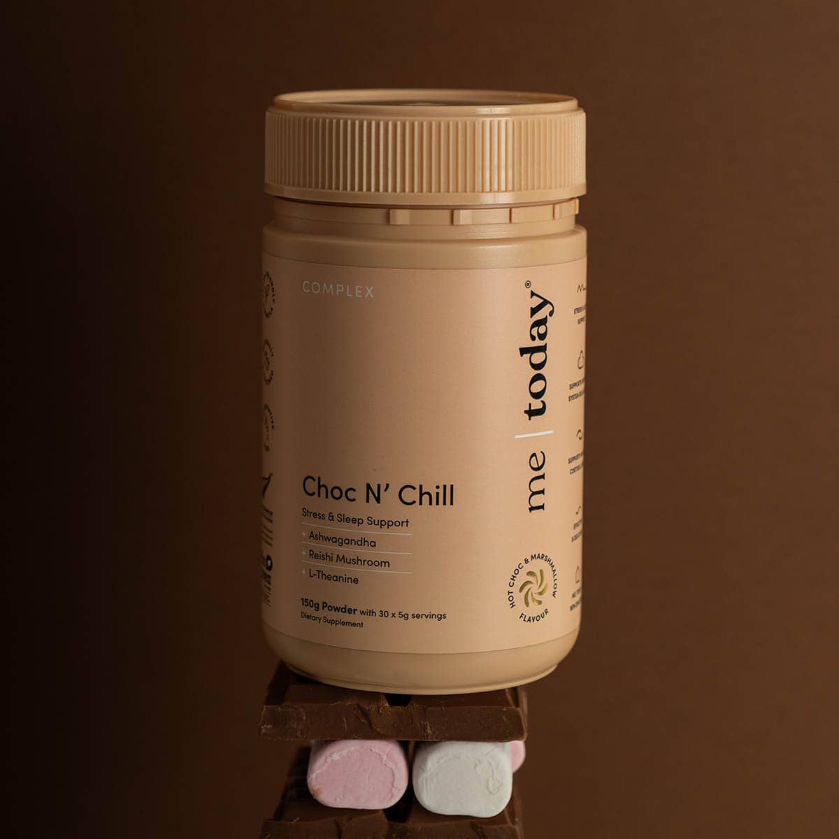 Choc n' chill beige supplement bottle on a tower of chocolate and marshmallows with a brown gradient background.