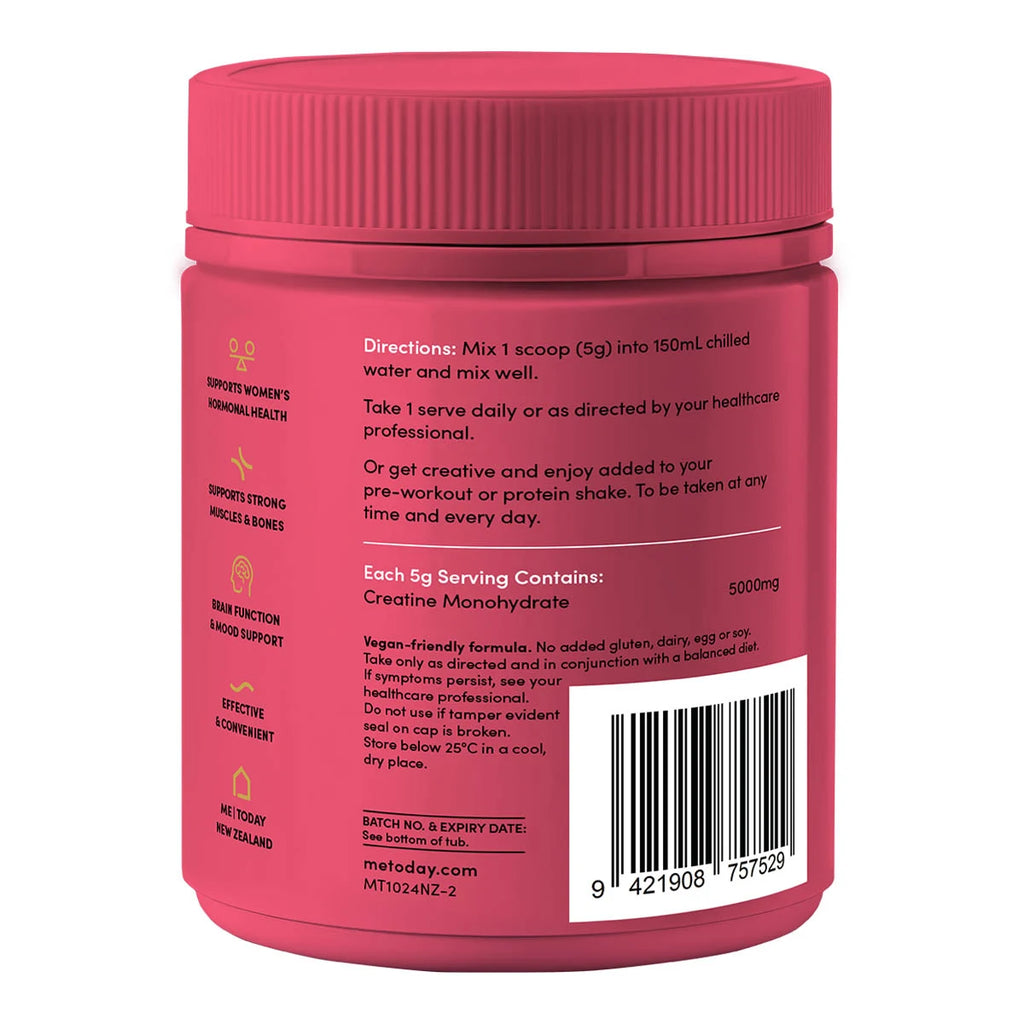 Back of creatine 5000 container showing directions, highlights, ingredients & precautions.