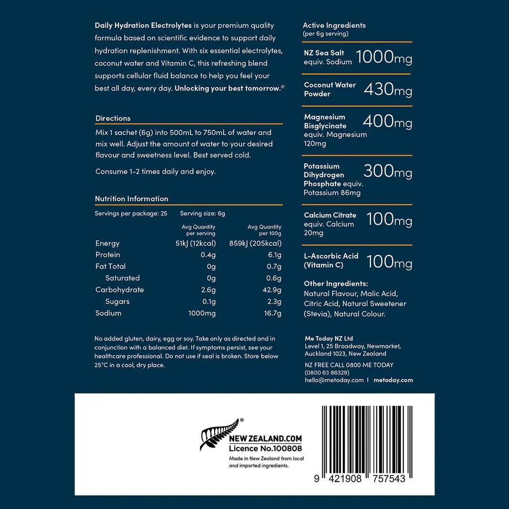 Back of daily hydration electrolytes with nutrition information, directions & ingredients.