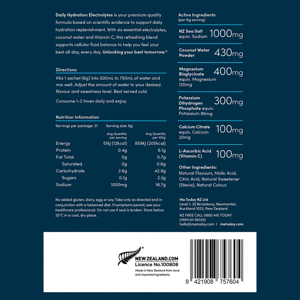 Back of Daily Hydration Electrolytes package showing nutritional information, directions & ingredients.