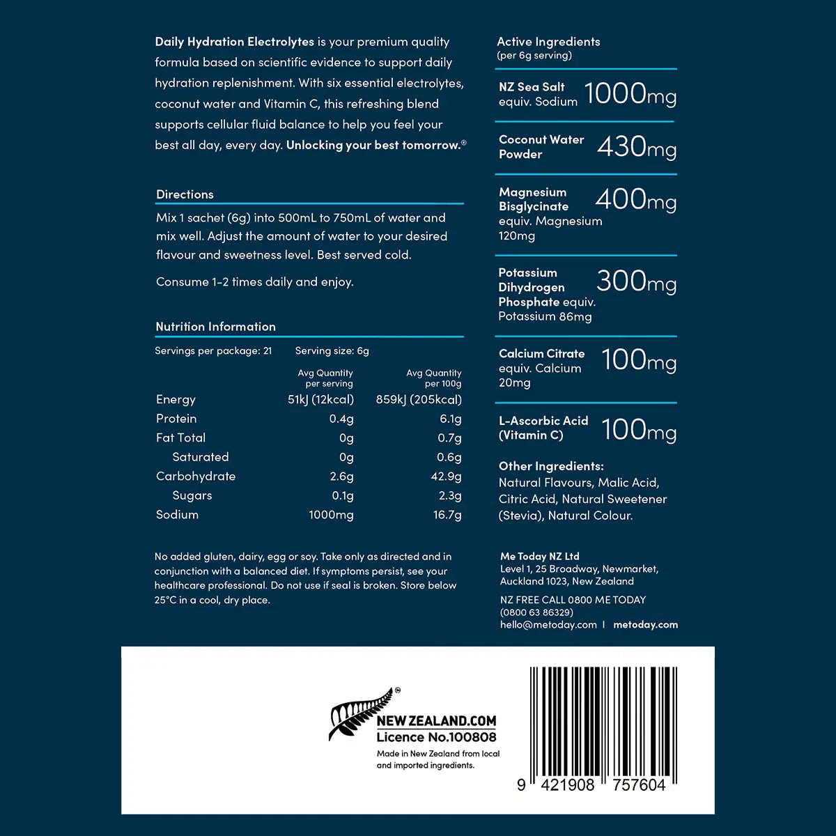 Back of Daily Hydration Electrolytes package showing nutritional information, directions & ingredients.