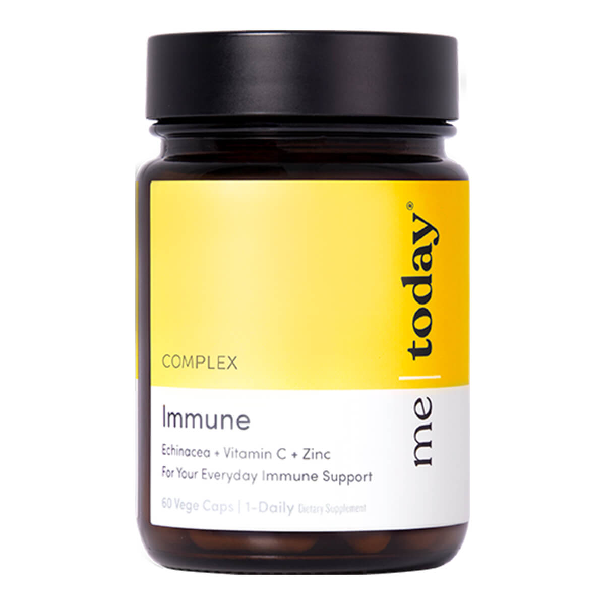 Supplement bottle labeled 'today me' with yellow and black label on a white background