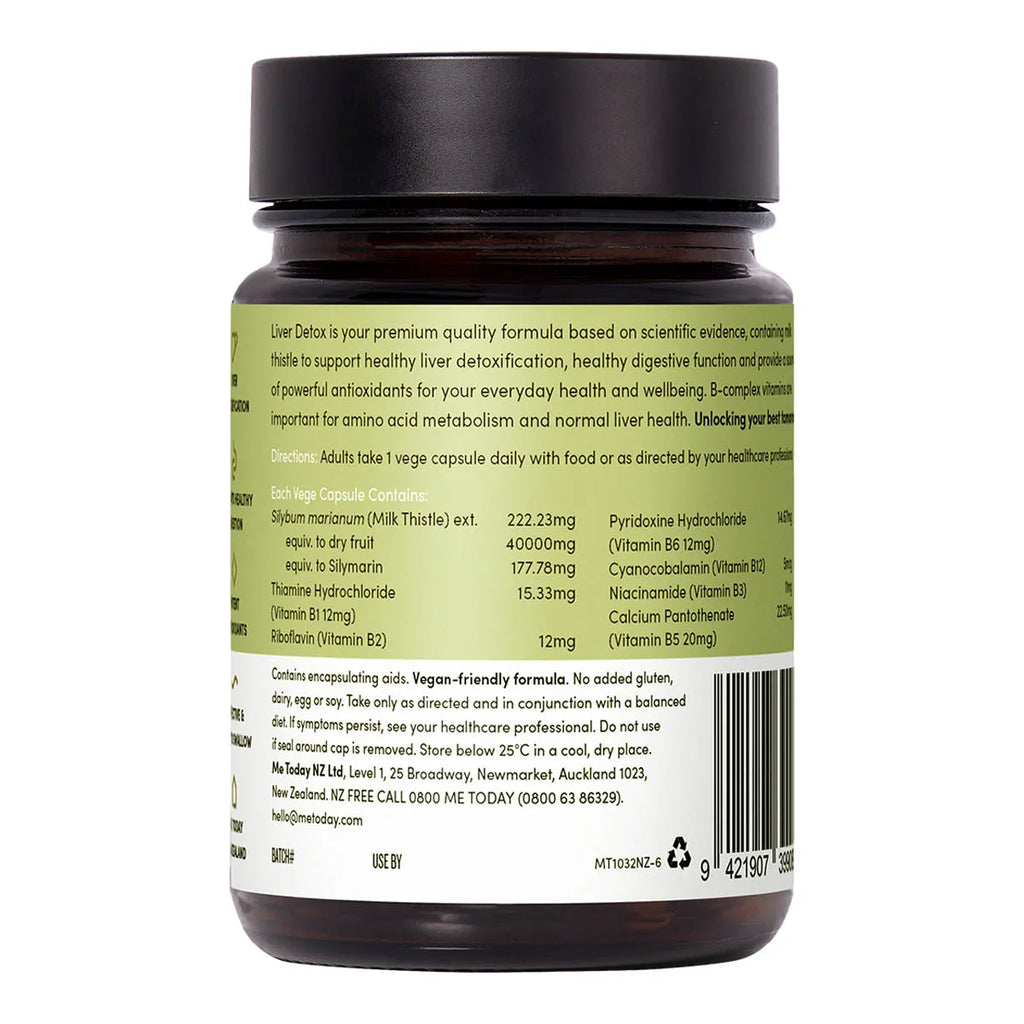 Back of liver detox supplement bottle with label showing ingredients & directions on a white background